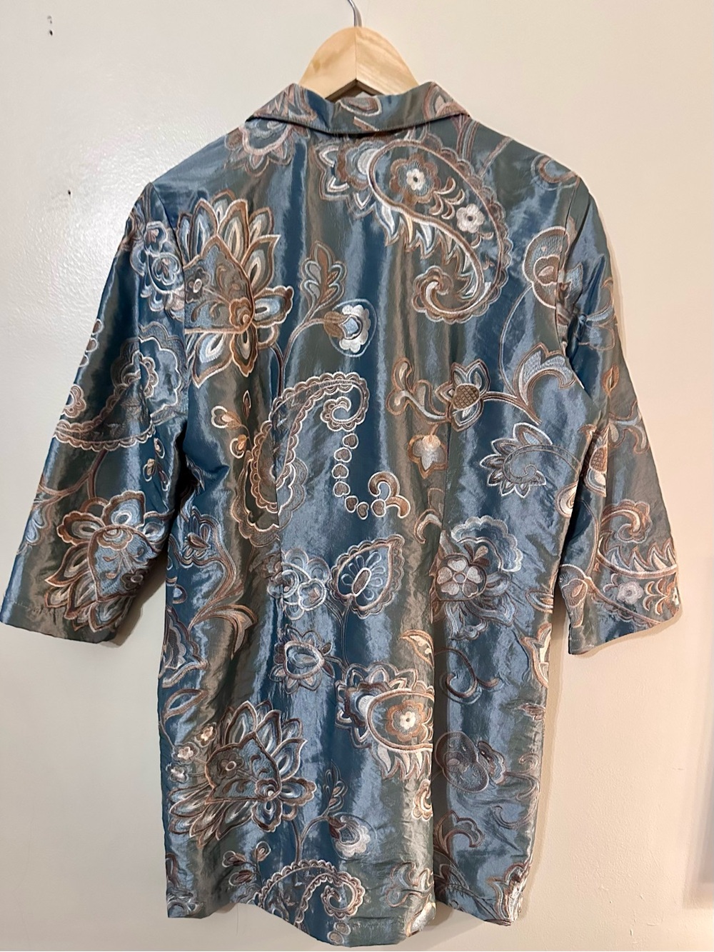 Silk-Blend Paisley Open-Front Duster Coat - Blue/Beige/Pastel hightlights - Picture 2 of 3